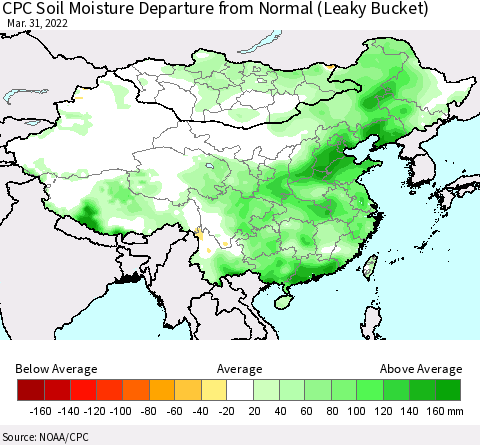 China, Mongolia and Taiwan CPC Soil Moisture Departure from Normal (Leaky Bucket) Thematic Map For 3/26/2022 - 3/31/2022