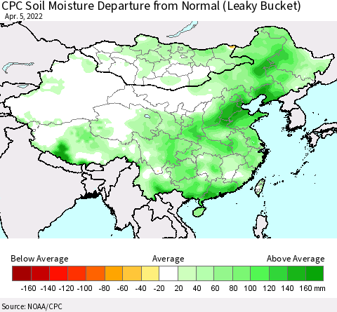 China, Mongolia and Taiwan CPC Soil Moisture Departure from Normal (Leaky Bucket) Thematic Map For 4/1/2022 - 4/5/2022