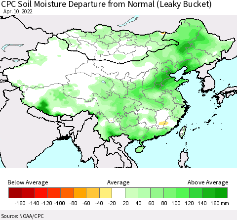 China, Mongolia and Taiwan CPC Soil Moisture Departure from Normal (Leaky Bucket) Thematic Map For 4/6/2022 - 4/10/2022