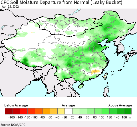 China, Mongolia and Taiwan CPC Soil Moisture Departure from Normal (Leaky Bucket) Thematic Map For 4/11/2022 - 4/15/2022