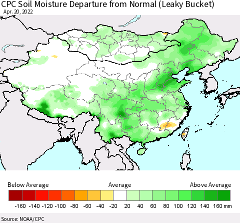 China, Mongolia and Taiwan CPC Soil Moisture Departure from Normal (Leaky Bucket) Thematic Map For 4/16/2022 - 4/20/2022