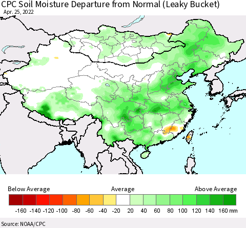 China, Mongolia and Taiwan CPC Soil Moisture Departure from Normal (Leaky Bucket) Thematic Map For 4/21/2022 - 4/25/2022