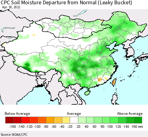 China, Mongolia and Taiwan CPC Soil Moisture Departure from Normal (Leaky Bucket) Thematic Map For 4/26/2022 - 4/30/2022