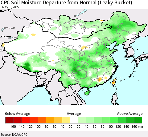 China, Mongolia and Taiwan CPC Soil Moisture Departure from Normal (Leaky Bucket) Thematic Map For 5/1/2022 - 5/5/2022