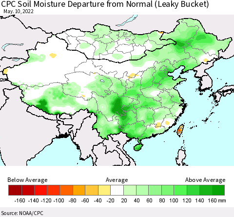 China, Mongolia and Taiwan CPC Soil Moisture Departure from Normal (Leaky Bucket) Thematic Map For 5/6/2022 - 5/10/2022