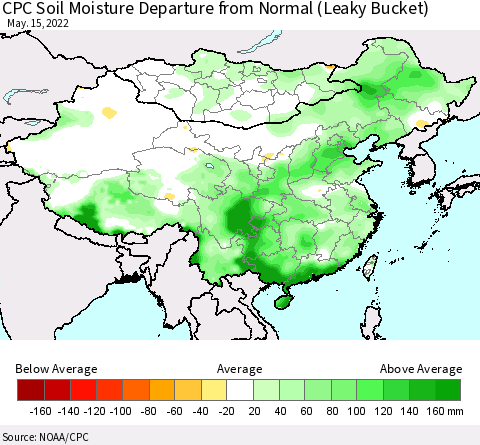 China, Mongolia and Taiwan CPC Soil Moisture Departure from Normal (Leaky Bucket) Thematic Map For 5/11/2022 - 5/15/2022