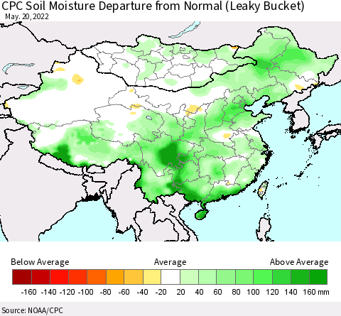 China, Mongolia and Taiwan CPC Soil Moisture Departure from Normal (Leaky Bucket) Thematic Map For 5/16/2022 - 5/20/2022