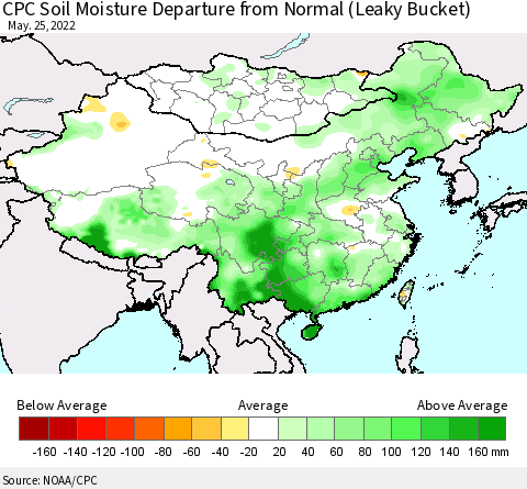 China, Mongolia and Taiwan CPC Soil Moisture Departure from Normal (Leaky Bucket) Thematic Map For 5/21/2022 - 5/25/2022