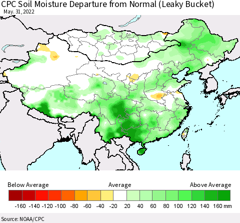 China, Mongolia and Taiwan CPC Soil Moisture Departure from Normal (Leaky Bucket) Thematic Map For 5/26/2022 - 5/31/2022