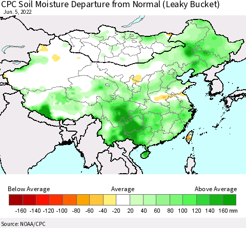 China, Mongolia and Taiwan CPC Soil Moisture Departure from Normal (Leaky Bucket) Thematic Map For 6/1/2022 - 6/5/2022
