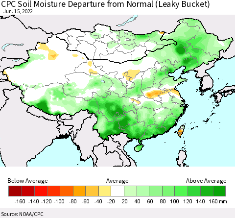 China, Mongolia and Taiwan CPC Soil Moisture Departure from Normal (Leaky Bucket) Thematic Map For 6/11/2022 - 6/15/2022