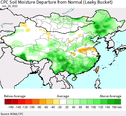 China, Mongolia and Taiwan CPC Soil Moisture Departure from Normal (Leaky Bucket) Thematic Map For 6/16/2022 - 6/20/2022