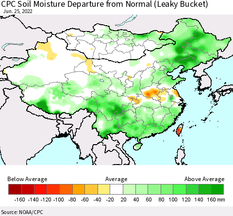 China, Mongolia and Taiwan CPC Soil Moisture Departure from Normal (Leaky Bucket) Thematic Map For 6/21/2022 - 6/25/2022