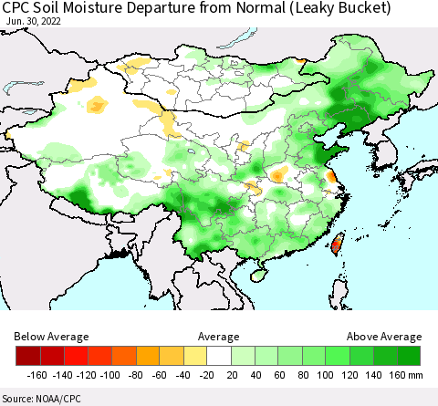 China, Mongolia and Taiwan CPC Soil Moisture Departure from Normal (Leaky Bucket) Thematic Map For 6/26/2022 - 6/30/2022