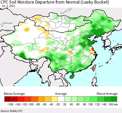 China, Mongolia and Taiwan CPC Soil Moisture Departure from Normal (Leaky Bucket) Thematic Map For 7/1/2022 - 7/5/2022
