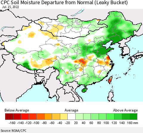 China, Mongolia and Taiwan CPC Soil Moisture Departure from Normal (Leaky Bucket) Thematic Map For 7/11/2022 - 7/15/2022