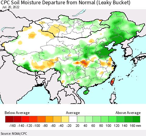 China, Mongolia and Taiwan CPC Soil Moisture Departure from Normal (Leaky Bucket) Thematic Map For 7/16/2022 - 7/20/2022