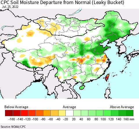 China, Mongolia and Taiwan CPC Soil Moisture Departure from Normal (Leaky Bucket) Thematic Map For 7/21/2022 - 7/25/2022