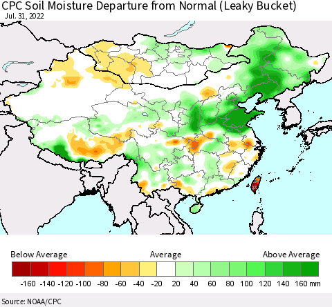 China, Mongolia and Taiwan CPC Soil Moisture Departure from Normal (Leaky Bucket) Thematic Map For 7/26/2022 - 7/31/2022