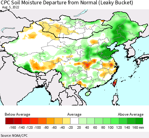 China, Mongolia and Taiwan CPC Soil Moisture Departure from Normal (Leaky Bucket) Thematic Map For 8/1/2022 - 8/5/2022