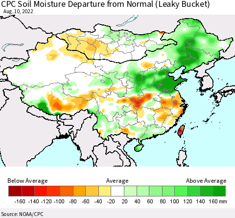 China, Mongolia and Taiwan CPC Soil Moisture Departure from Normal (Leaky Bucket) Thematic Map For 8/6/2022 - 8/10/2022