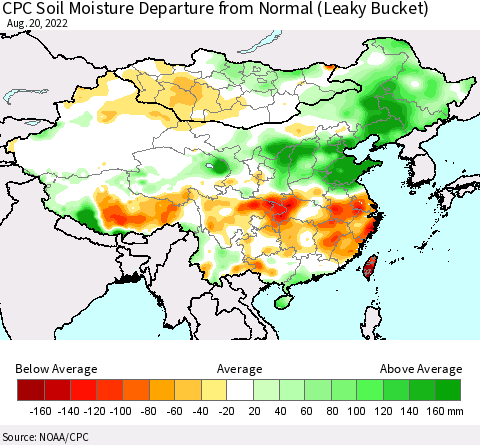 China, Mongolia and Taiwan CPC Soil Moisture Departure from Normal (Leaky Bucket) Thematic Map For 8/16/2022 - 8/20/2022