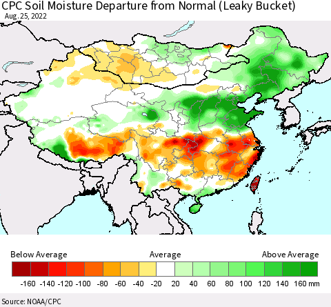 China, Mongolia and Taiwan CPC Soil Moisture Departure from Normal (Leaky Bucket) Thematic Map For 8/21/2022 - 8/25/2022