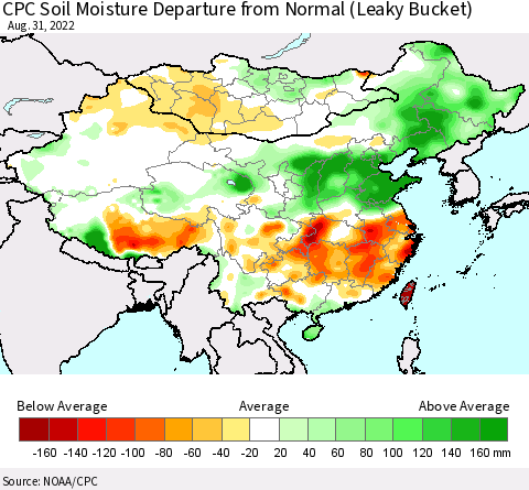 China, Mongolia and Taiwan CPC Soil Moisture Departure from Normal (Leaky Bucket) Thematic Map For 8/26/2022 - 8/31/2022
