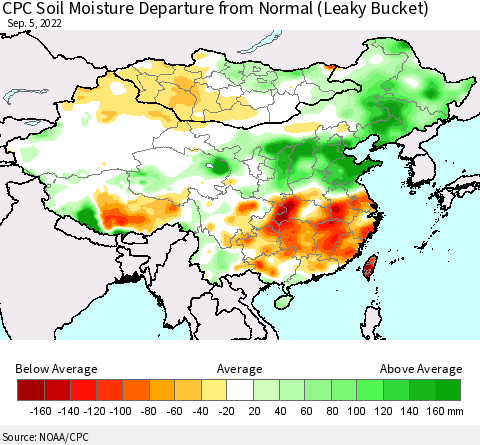 China, Mongolia and Taiwan CPC Soil Moisture Departure from Normal (Leaky Bucket) Thematic Map For 9/1/2022 - 9/5/2022