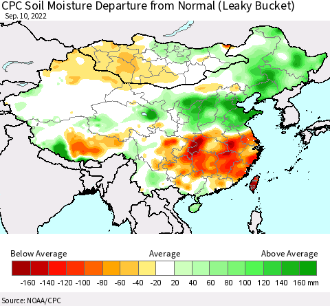 China, Mongolia and Taiwan CPC Soil Moisture Departure from Normal (Leaky Bucket) Thematic Map For 9/6/2022 - 9/10/2022