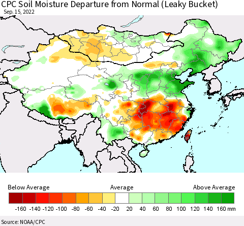 China, Mongolia and Taiwan CPC Soil Moisture Departure from Normal (Leaky Bucket) Thematic Map For 9/11/2022 - 9/15/2022