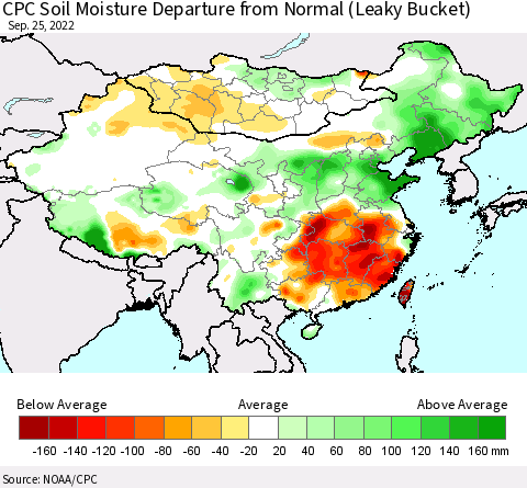 China, Mongolia and Taiwan CPC Soil Moisture Departure from Normal (Leaky Bucket) Thematic Map For 9/21/2022 - 9/25/2022