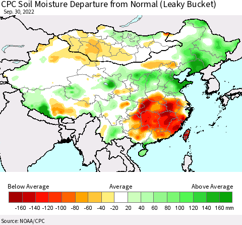 China, Mongolia and Taiwan CPC Soil Moisture Departure from Normal (Leaky Bucket) Thematic Map For 9/26/2022 - 9/30/2022