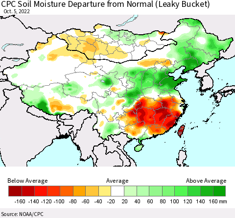 China, Mongolia and Taiwan CPC Soil Moisture Departure from Normal (Leaky Bucket) Thematic Map For 10/1/2022 - 10/5/2022