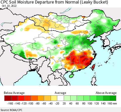 China, Mongolia and Taiwan CPC Soil Moisture Departure from Normal (Leaky Bucket) Thematic Map For 10/6/2022 - 10/10/2022