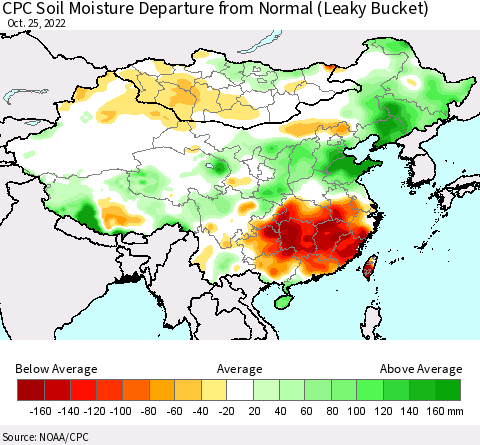 China, Mongolia and Taiwan CPC Soil Moisture Departure from Normal (Leaky Bucket) Thematic Map For 10/21/2022 - 10/25/2022