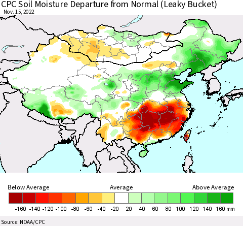China, Mongolia and Taiwan CPC Soil Moisture Departure from Normal (Leaky Bucket) Thematic Map For 11/11/2022 - 11/15/2022