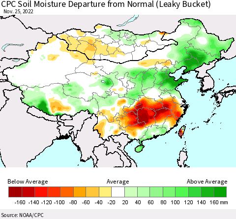 China, Mongolia and Taiwan CPC Soil Moisture Departure from Normal (Leaky Bucket) Thematic Map For 11/21/2022 - 11/25/2022