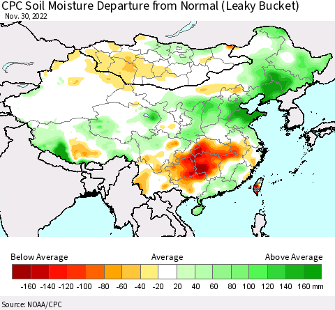 China, Mongolia and Taiwan CPC Soil Moisture Departure from Normal (Leaky Bucket) Thematic Map For 11/26/2022 - 11/30/2022