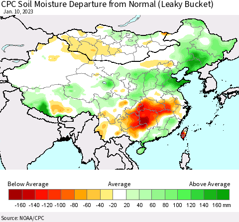 China, Mongolia and Taiwan CPC Soil Moisture Departure from Normal (Leaky Bucket) Thematic Map For 1/6/2023 - 1/10/2023