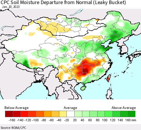 China, Mongolia and Taiwan CPC Soil Moisture Departure from Normal (Leaky Bucket) Thematic Map For 1/16/2023 - 1/20/2023