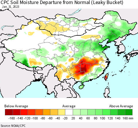 China, Mongolia and Taiwan CPC Soil Moisture Departure from Normal (Leaky Bucket) Thematic Map For 1/26/2023 - 1/31/2023