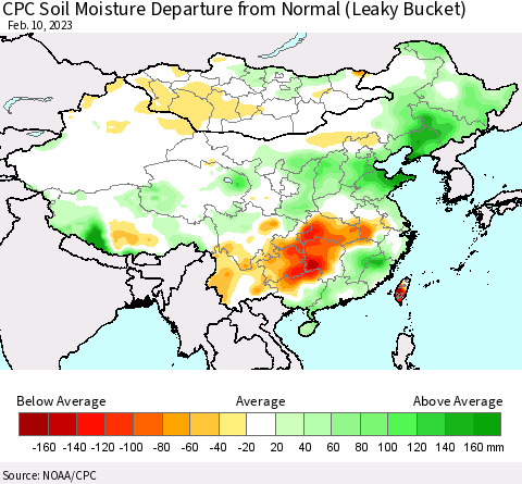 China, Mongolia and Taiwan CPC Soil Moisture Departure from Normal (Leaky Bucket) Thematic Map For 2/6/2023 - 2/10/2023