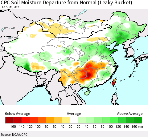 China, Mongolia and Taiwan CPC Soil Moisture Departure from Normal (Leaky Bucket) Thematic Map For 2/16/2023 - 2/20/2023