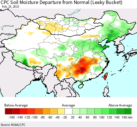 China, Mongolia and Taiwan CPC Soil Moisture Departure from Normal (Leaky Bucket) Thematic Map For 2/21/2023 - 2/25/2023