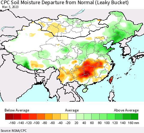 China, Mongolia and Taiwan CPC Soil Moisture Departure from Normal (Leaky Bucket) Thematic Map For 3/1/2023 - 3/5/2023