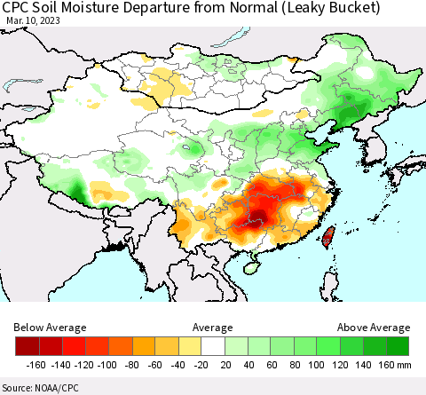 China, Mongolia and Taiwan CPC Soil Moisture Departure from Normal (Leaky Bucket) Thematic Map For 3/6/2023 - 3/10/2023