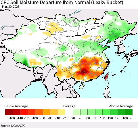 China, Mongolia and Taiwan CPC Soil Moisture Departure from Normal (Leaky Bucket) Thematic Map For 3/16/2023 - 3/20/2023