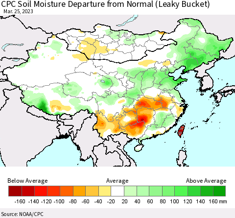 China, Mongolia and Taiwan CPC Soil Moisture Departure from Normal (Leaky Bucket) Thematic Map For 3/21/2023 - 3/25/2023
