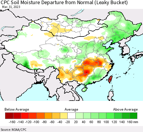 China, Mongolia and Taiwan CPC Soil Moisture Departure from Normal (Leaky Bucket) Thematic Map For 3/26/2023 - 3/31/2023